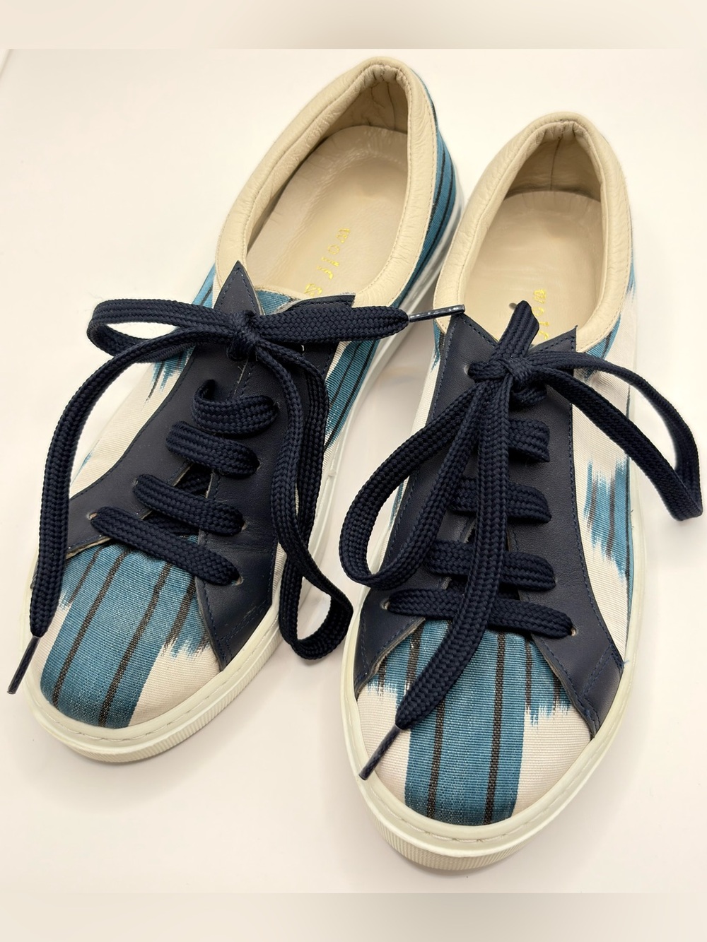 Wolf & Willa canvas and leather artisanal ikat print low-top sneakers